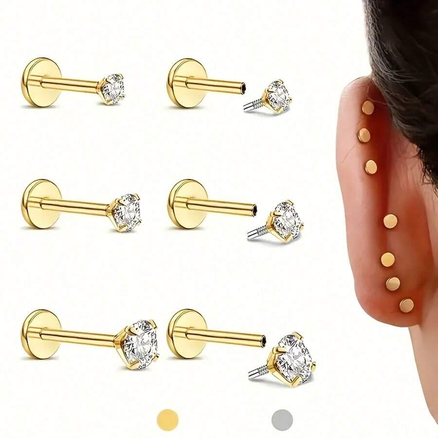 6 Flat Back Earring Studs - Fe - Tragus Flat Back 评论和价格